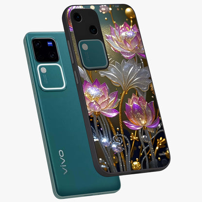 Golden Floral Majesty Glass Case displayed in angled mockup highlighting elegant flower design with royal golden aesthetic.