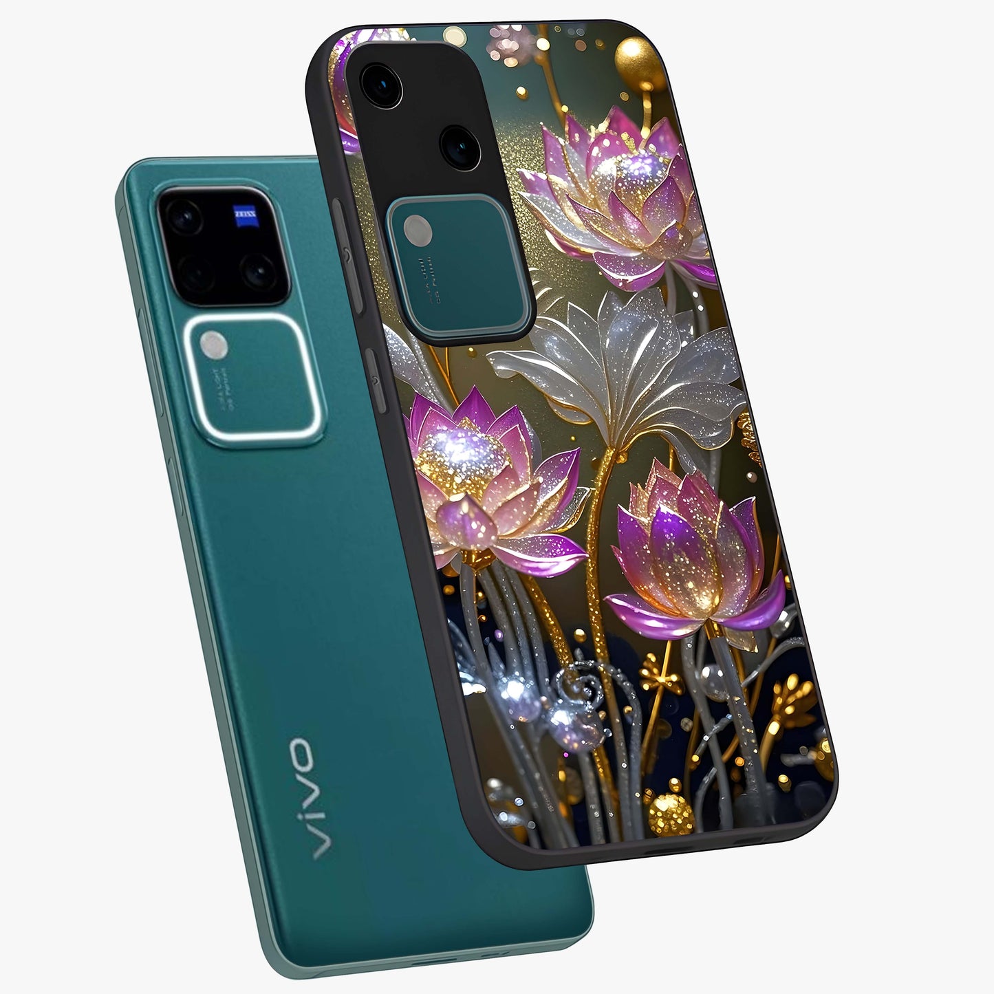 Golden Floral Majesty Glass Case displayed in angled mockup highlighting elegant flower design with royal golden aesthetic.