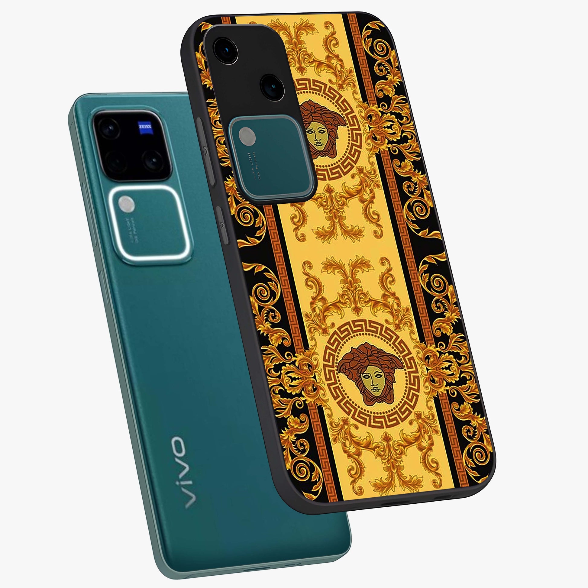 Golden Lotus Glow Glass Case displayed in angled mockup highlighting radiant lotus illustration with spiritual aesthetic.