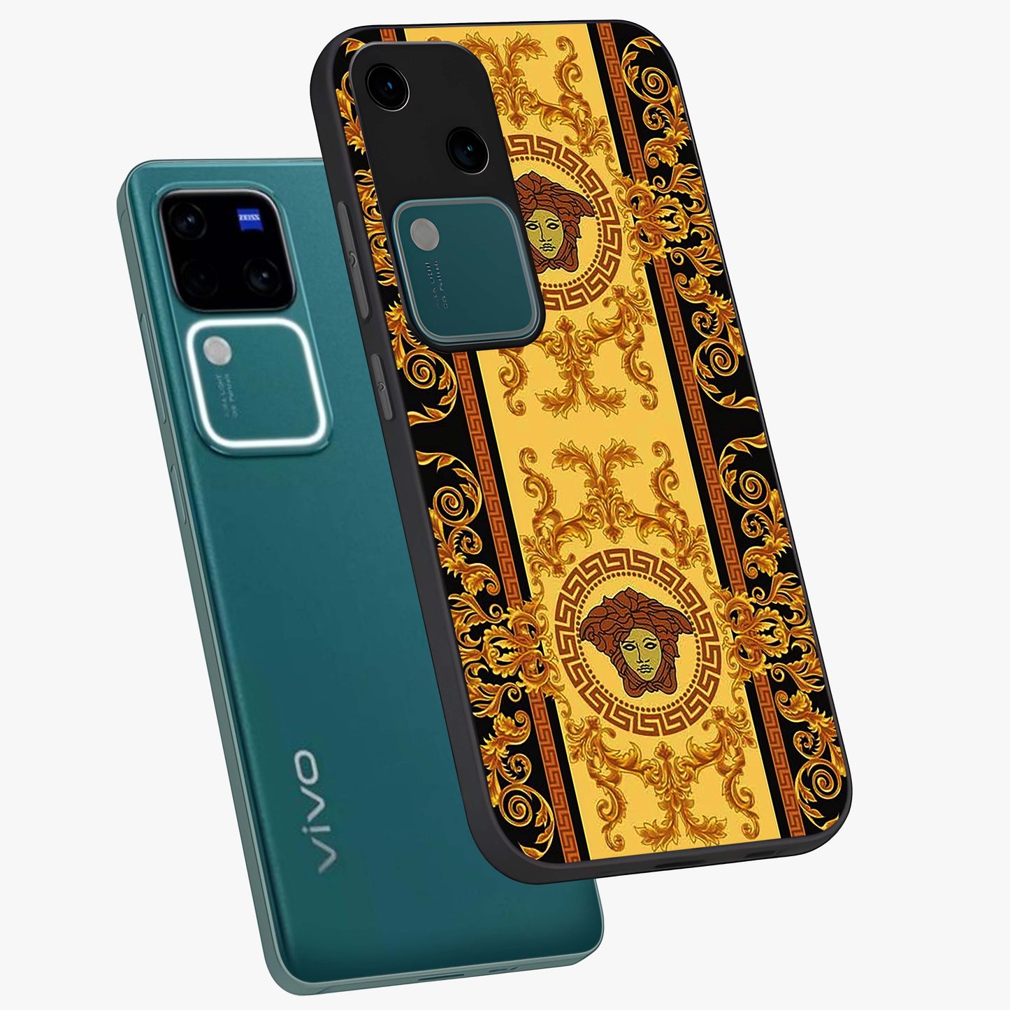 Golden Lotus Glow Glass Case displayed in angled mockup highlighting radiant lotus illustration with spiritual aesthetic.