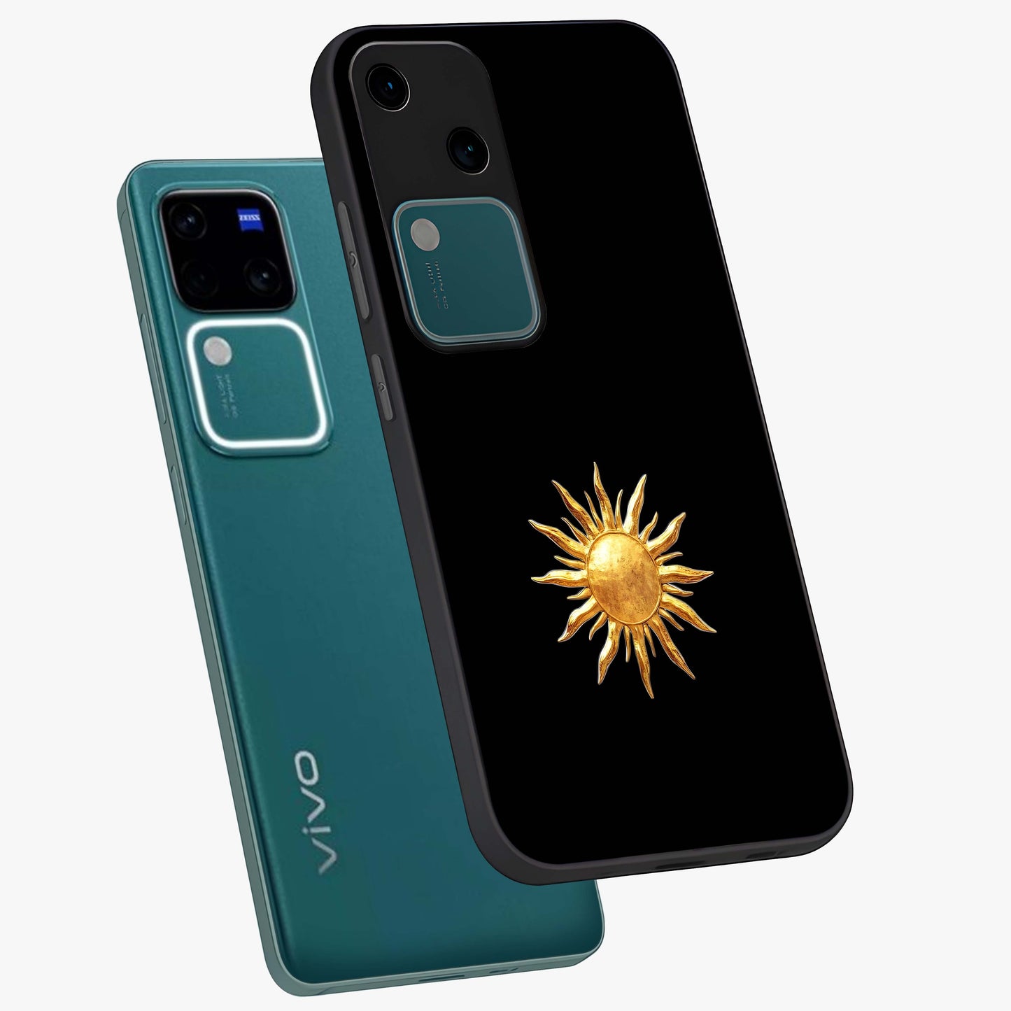 Golden Sun Minimalism Glass Case displayed in angled mockup highlighting eerie shadow illustration with gothic aesthetic.