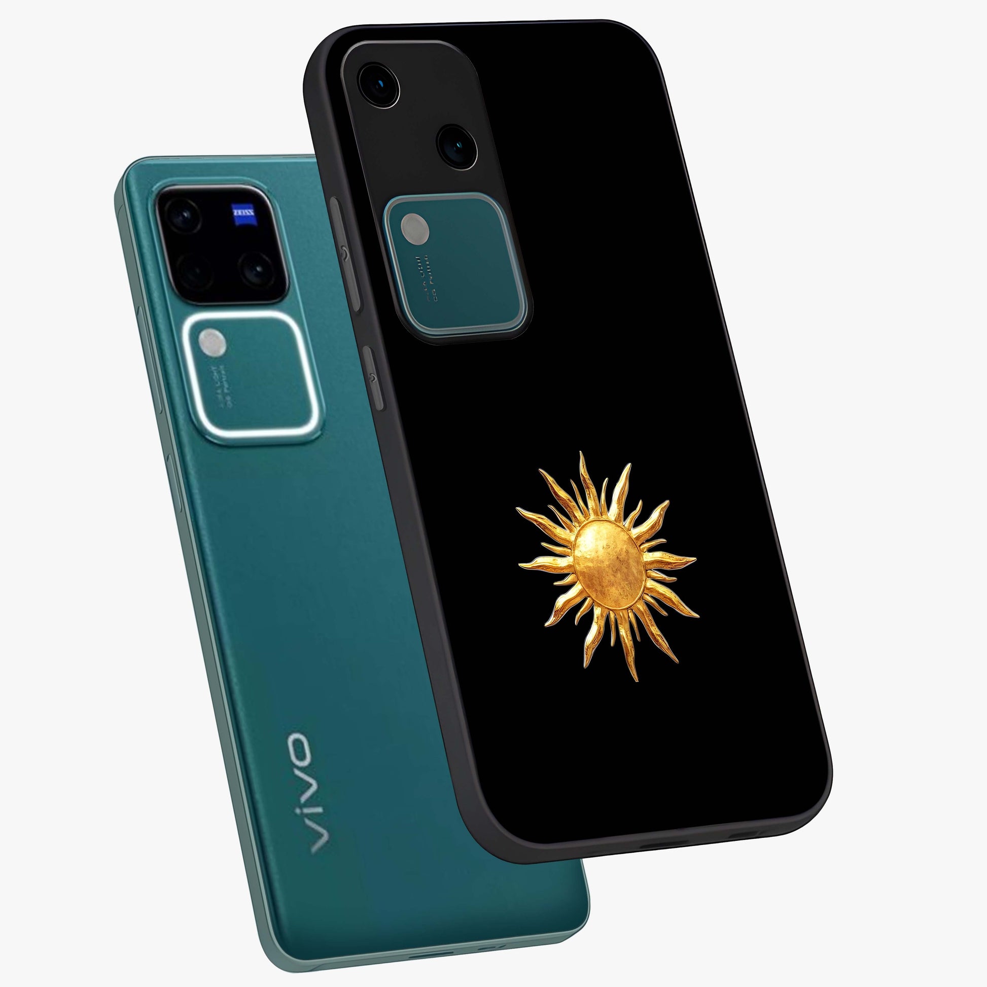 Golden Sun Minimalism Glass Case displayed in angled mockup highlighting eerie shadow illustration with gothic aesthetic.