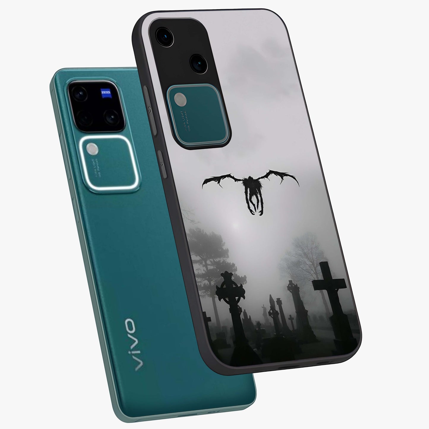 Graveyard Shadow Descent Glass Case displayed in angled mockup highlighting eerie shadow illustration with gothic aesthetic.