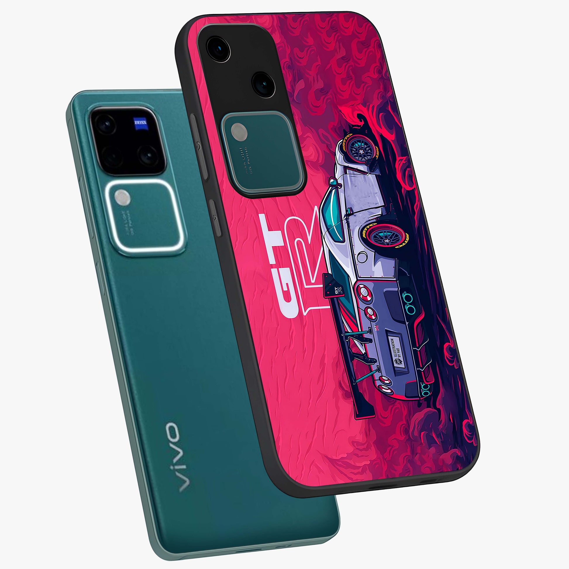 GT-R Car Pattern Glass Case displayed in angled mockup highlighting racing car graphic design with bold automotive aesthetic.