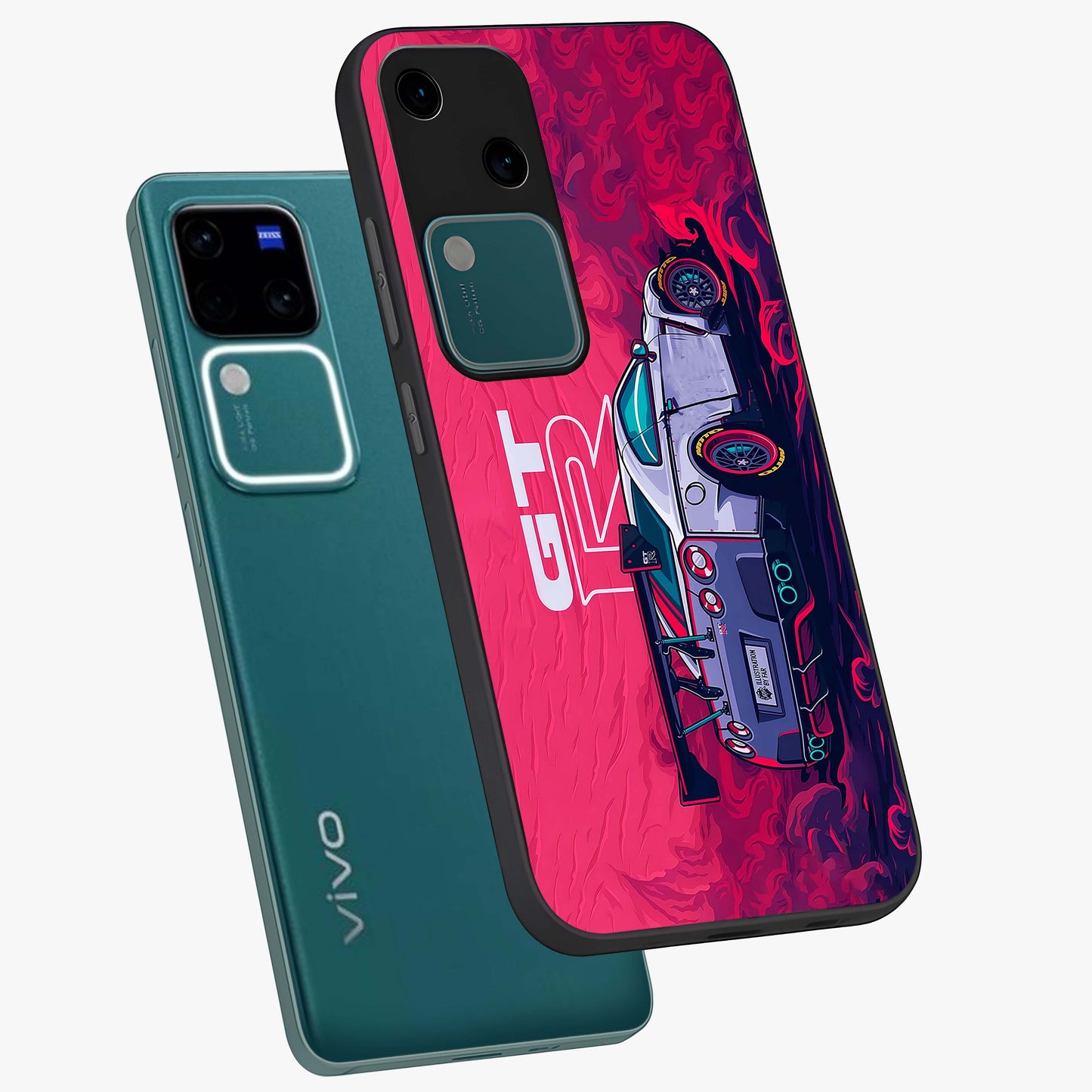 GT-R Car Pattern Glass Case displayed in angled mockup highlighting racing car graphic design with bold automotive aesthetic.
