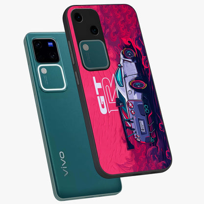 GT-R Car Pattern Glass Case displayed in angled mockup highlighting racing car graphic design with bold automotive aesthetic.