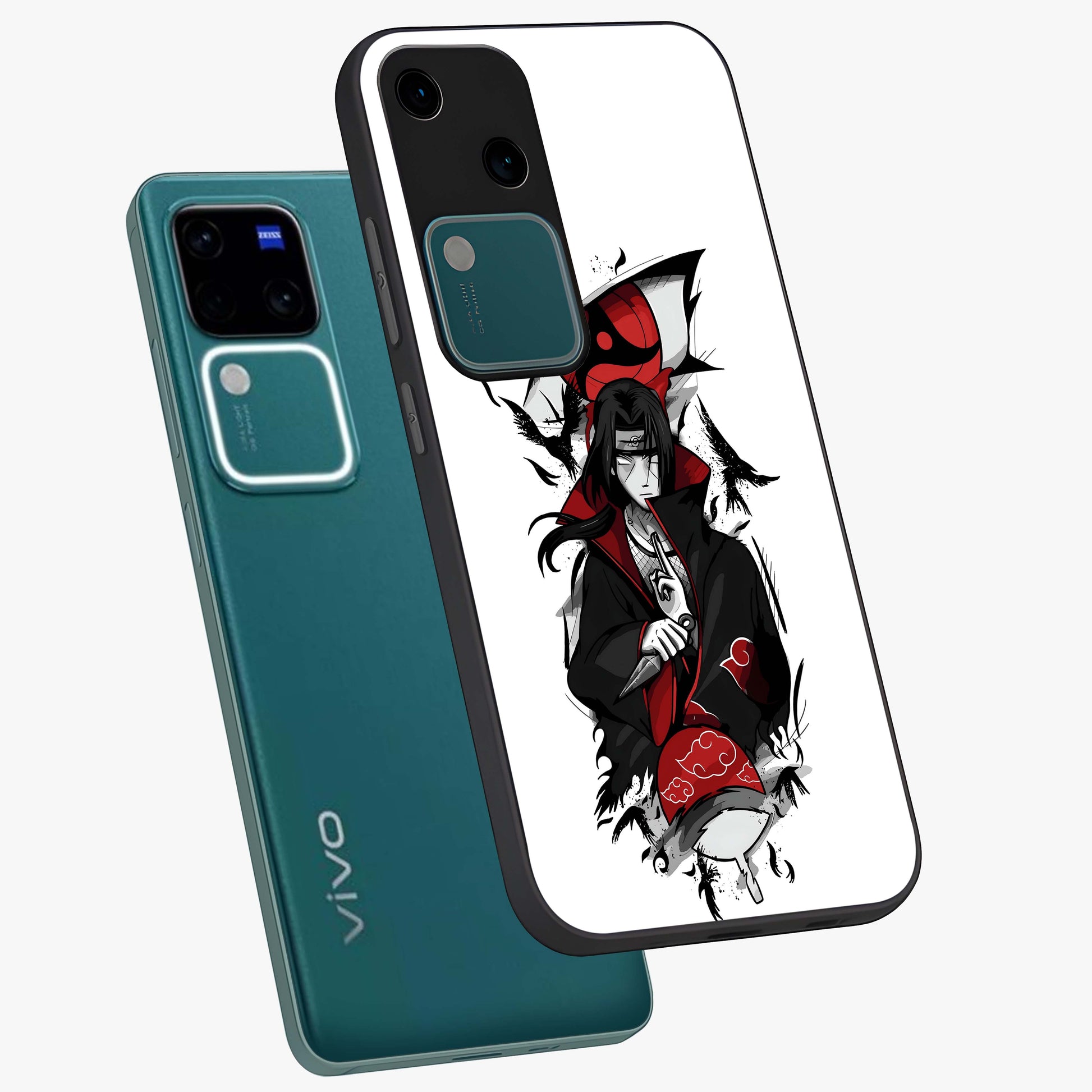 Itachi Limited Edition Naruto Anime Glass Case displayed in angled mockup highlighting dramatic anime illustration with bold action aesthetic.