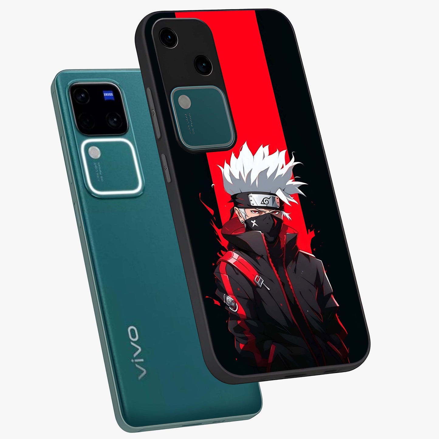 Kakashi Scarlet Shadow Glass Case displayed in angled mockup highlighting dramatic ninja illustration with scarlet themed aesthetic.