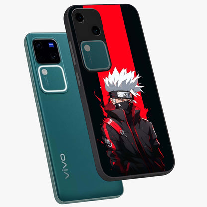 Kakashi Scarlet Shadow Glass Case displayed in angled mockup highlighting dramatic ninja illustration with scarlet themed aesthetic.