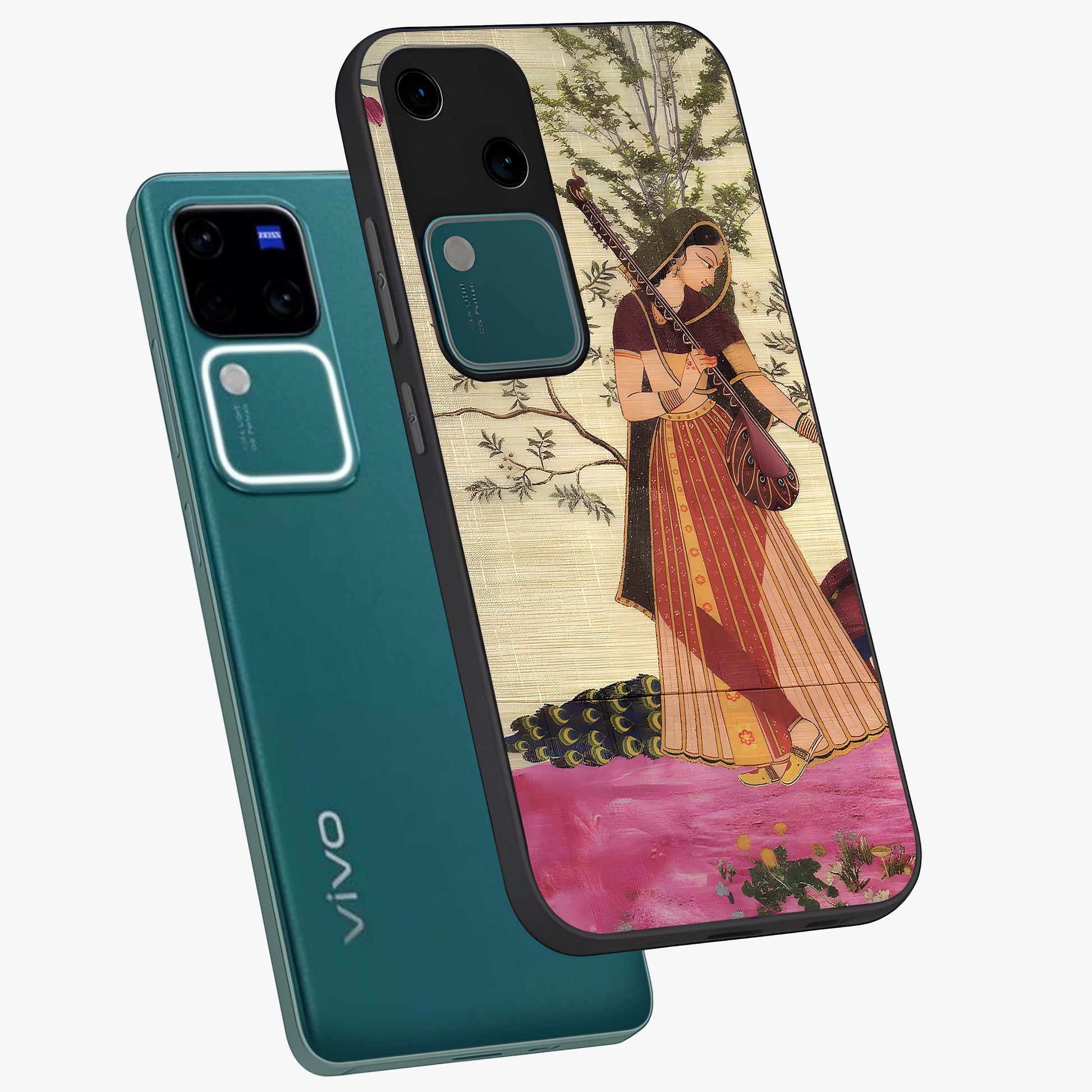 Lady With Veena Art Glass Case displayed in angled mockup highlighting graceful musical illustration with cultural artistic aesthetic.