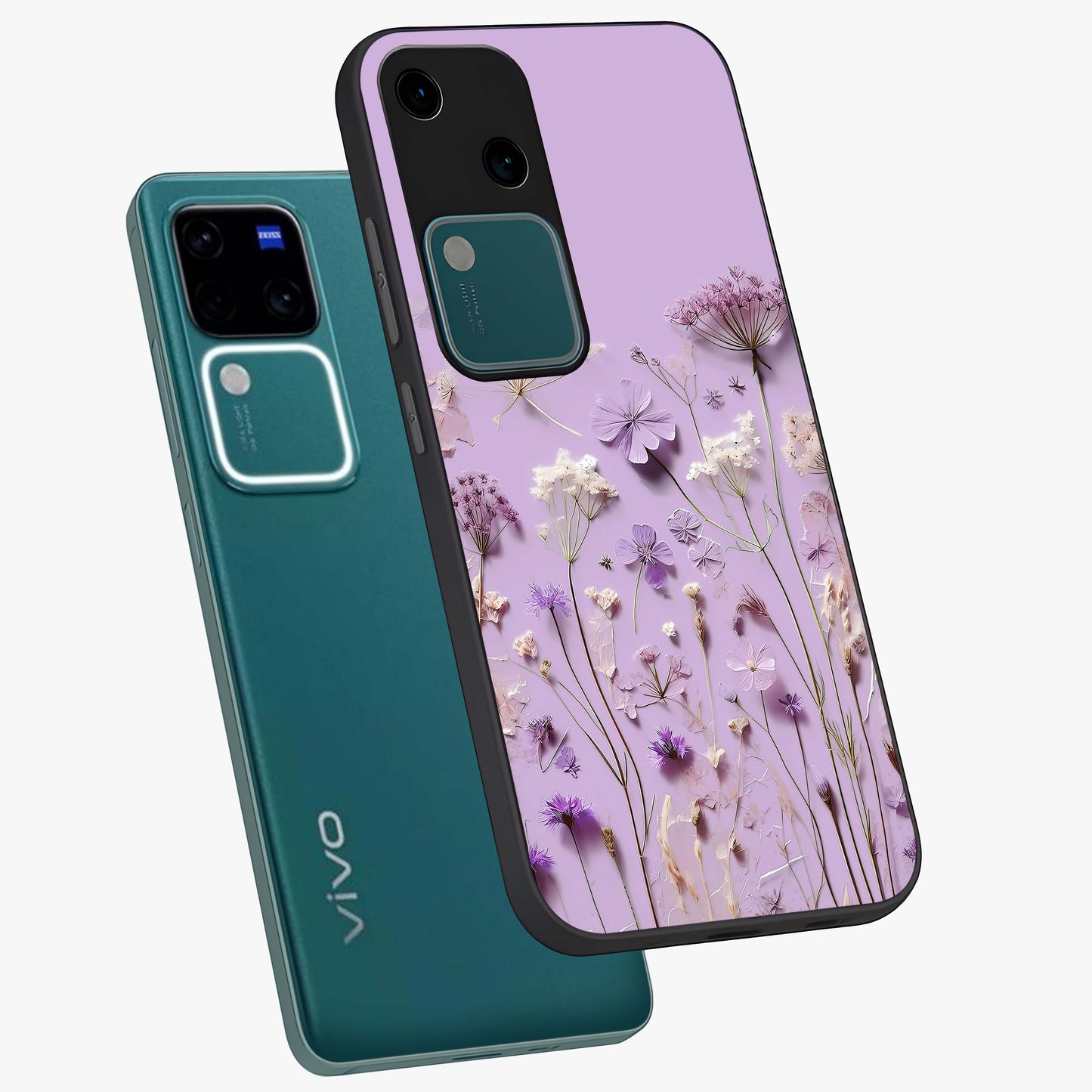 Lavender Blossom Dream Glass Case displayed in angled mockup highlighting dreamy lavender flower design with calming aesthetic style.