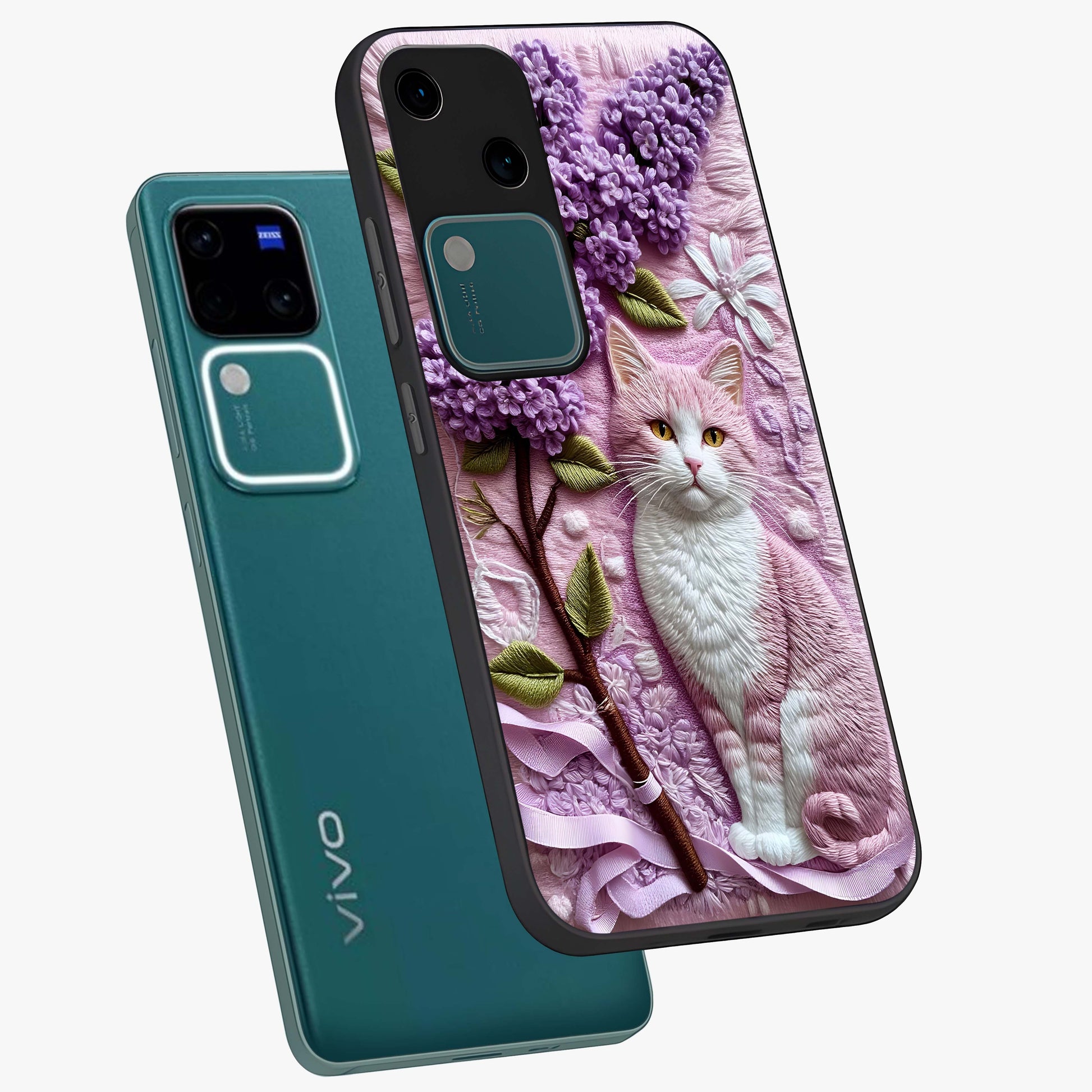 Lavender Cat Whimsy Glass Case displayed in angled mockup highlighting playful feline illustration with pastel lavender aesthetic.