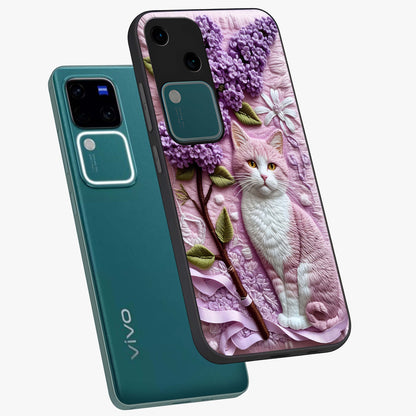 Lavender Cat Whimsy Glass Case displayed in angled mockup highlighting playful feline illustration with pastel lavender aesthetic.