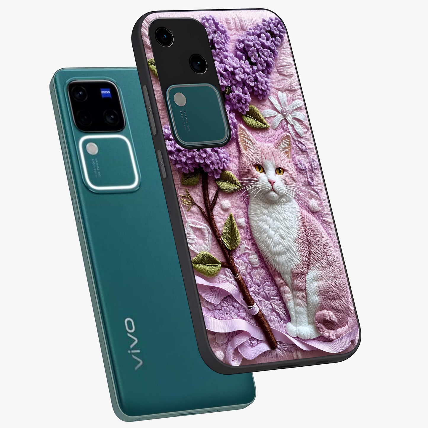 Lavender Cat Whimsy Glass Case displayed in angled mockup highlighting playful feline illustration with pastel lavender aesthetic.