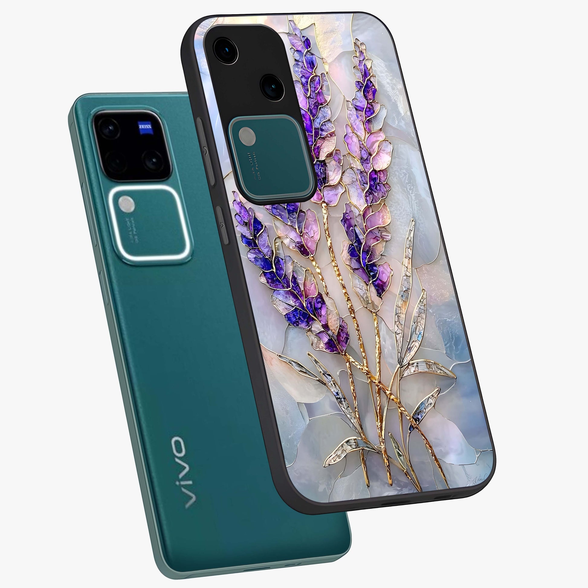 Lavender Dream Glow Glass Case displayed in angled mockup highlighting dreamy purple glow design with soft artistic style.