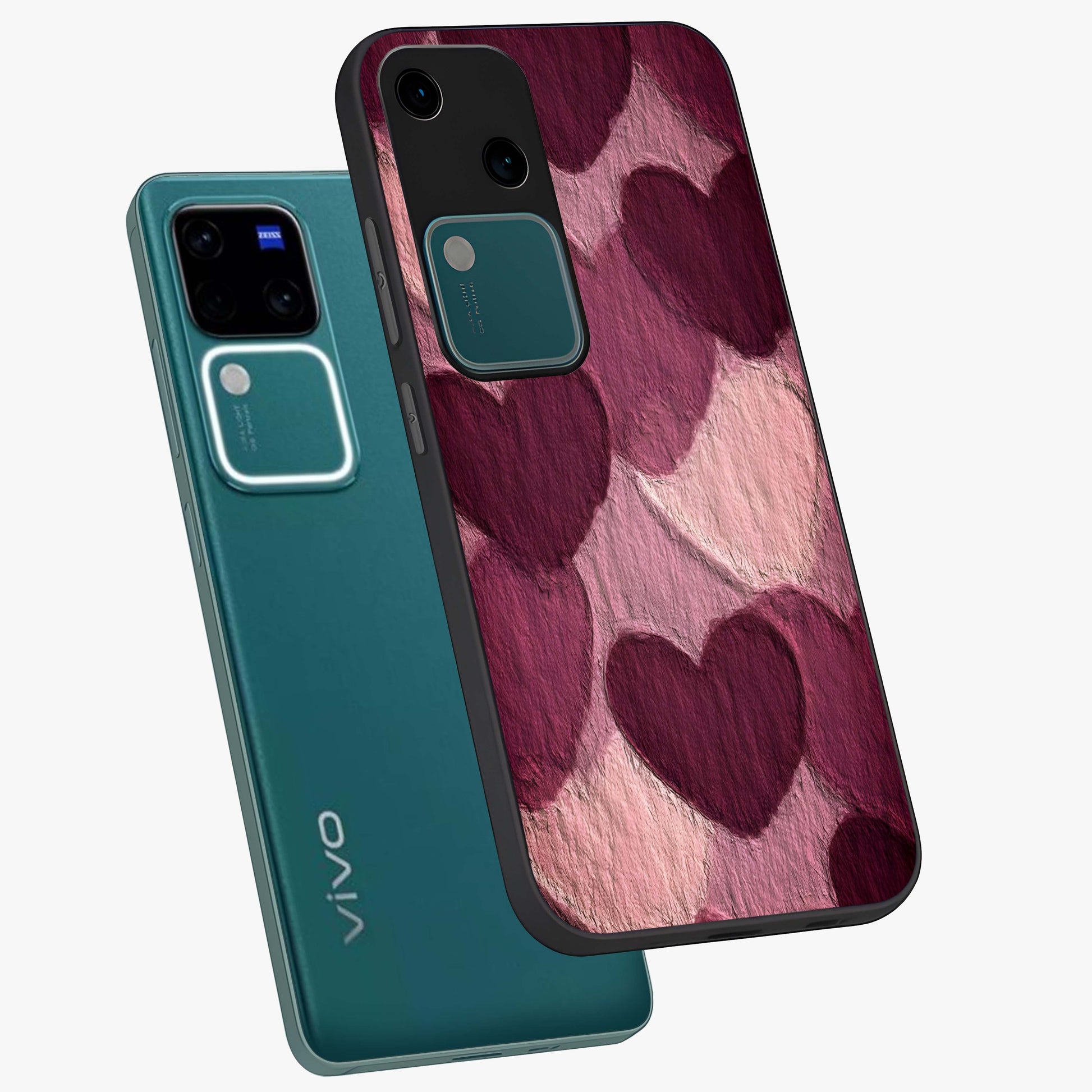 Layered Paper Hearts Glass Case displayed in angled mockup highlighting creative paper craft heart design with romantic aesthetic.