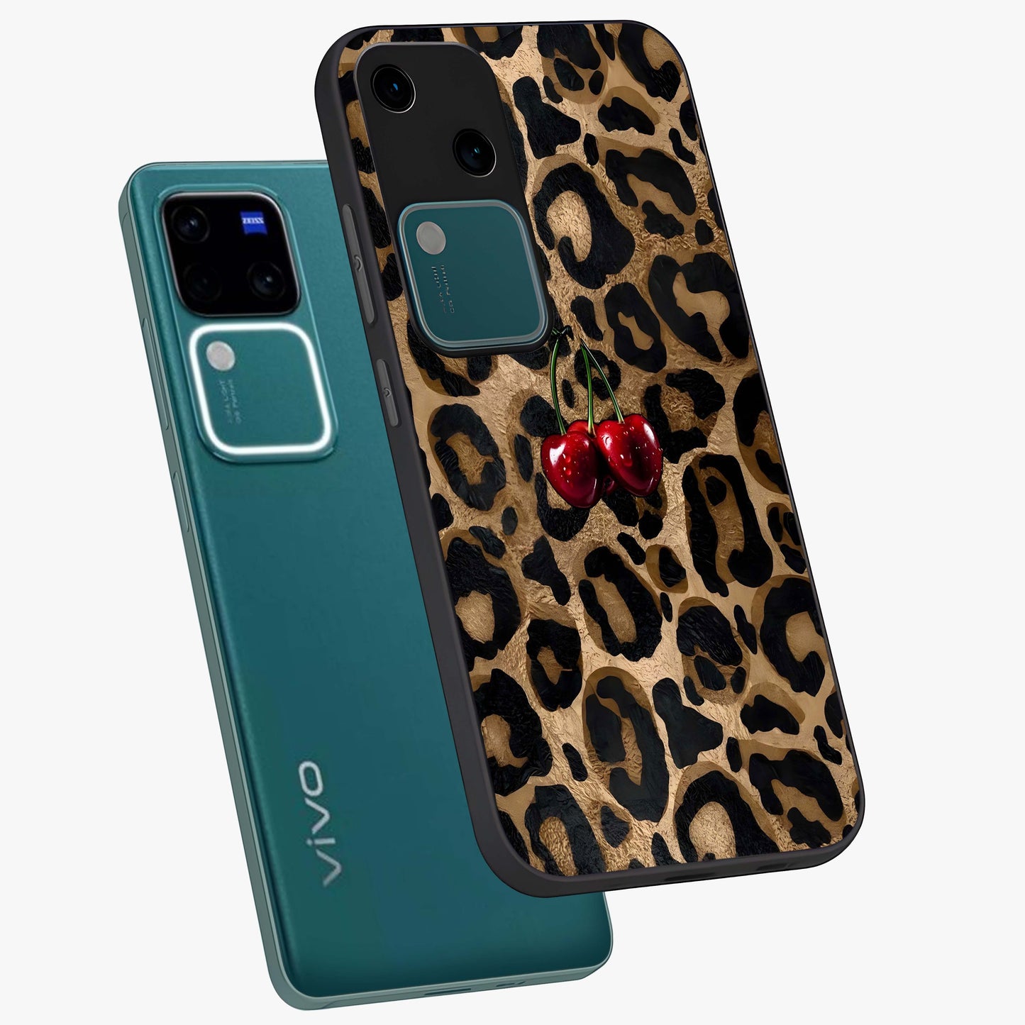 Leopard Wild Cherry Glass Case displayed in angled mockup highlighting bold animal print design with playful cherry aesthetic.