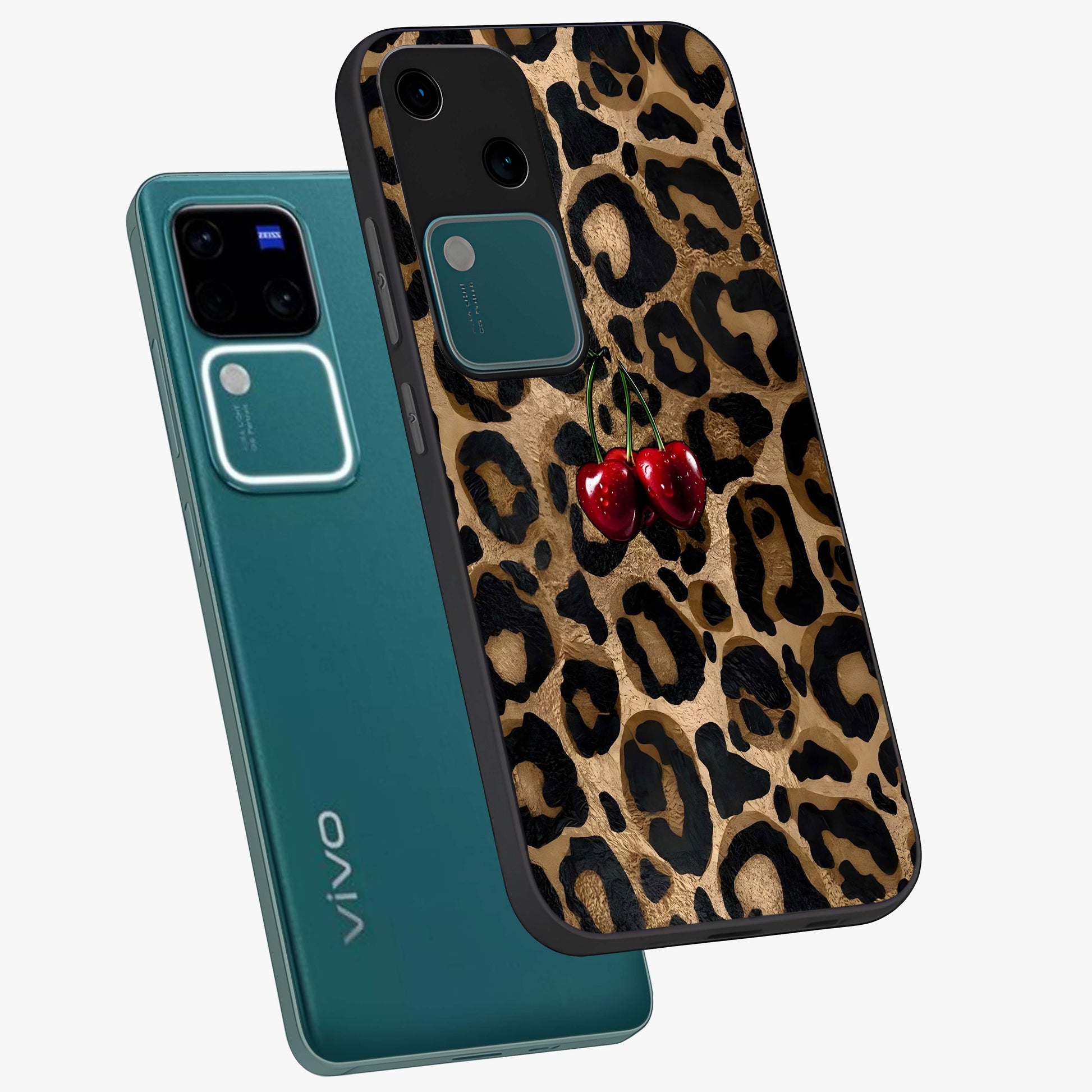 Leopard Wild Cherry Glass Case displayed in angled mockup highlighting bold animal print design with playful cherry aesthetic.