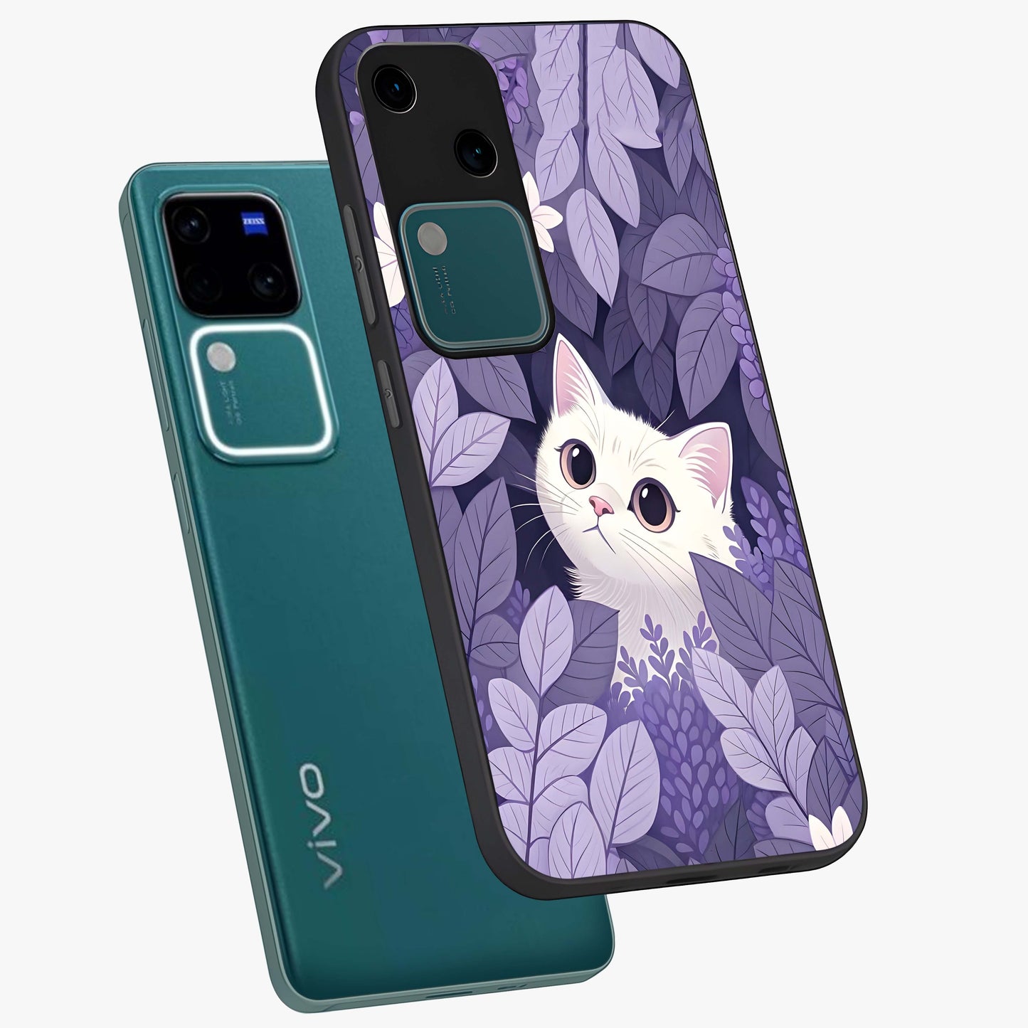 Lilac Hide Peek Cat Glass Case displayed in angled mockup highlighting playful feline illustration with lilac aesthetic design.