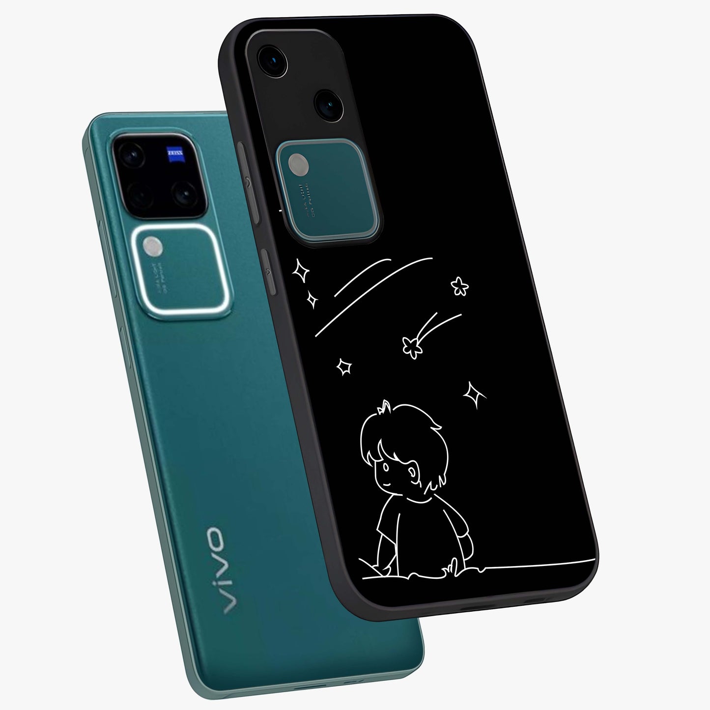 Line Art Boy With Shooting Stars Glass Case displayed in angled mockup highlighting elegant line art design with dreamy star aesthetic.