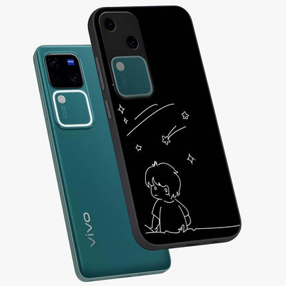 Line Art Boy With Shooting Stars Glass Case displayed in angled mockup highlighting elegant line art design with dreamy star aesthetic.