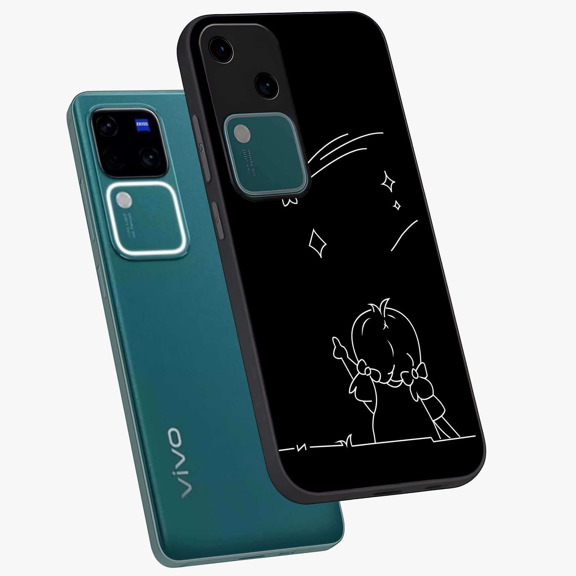 Line Art Girl With Shooting Stars Glass Case displayed in angled mockup highlighting elegant line art design with dreamy star aesthetic.