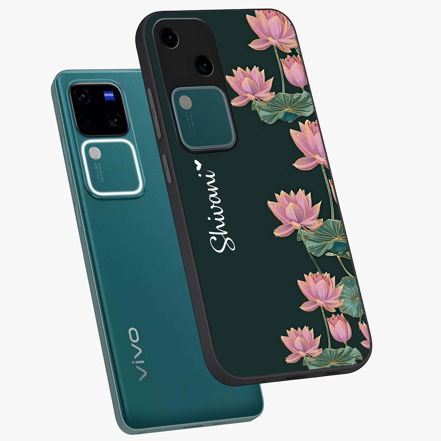 Lotus Bloom Serenity Custom Name Glass Case displayed in angled mockup highlighting graceful lotus illustration with custom name feature.