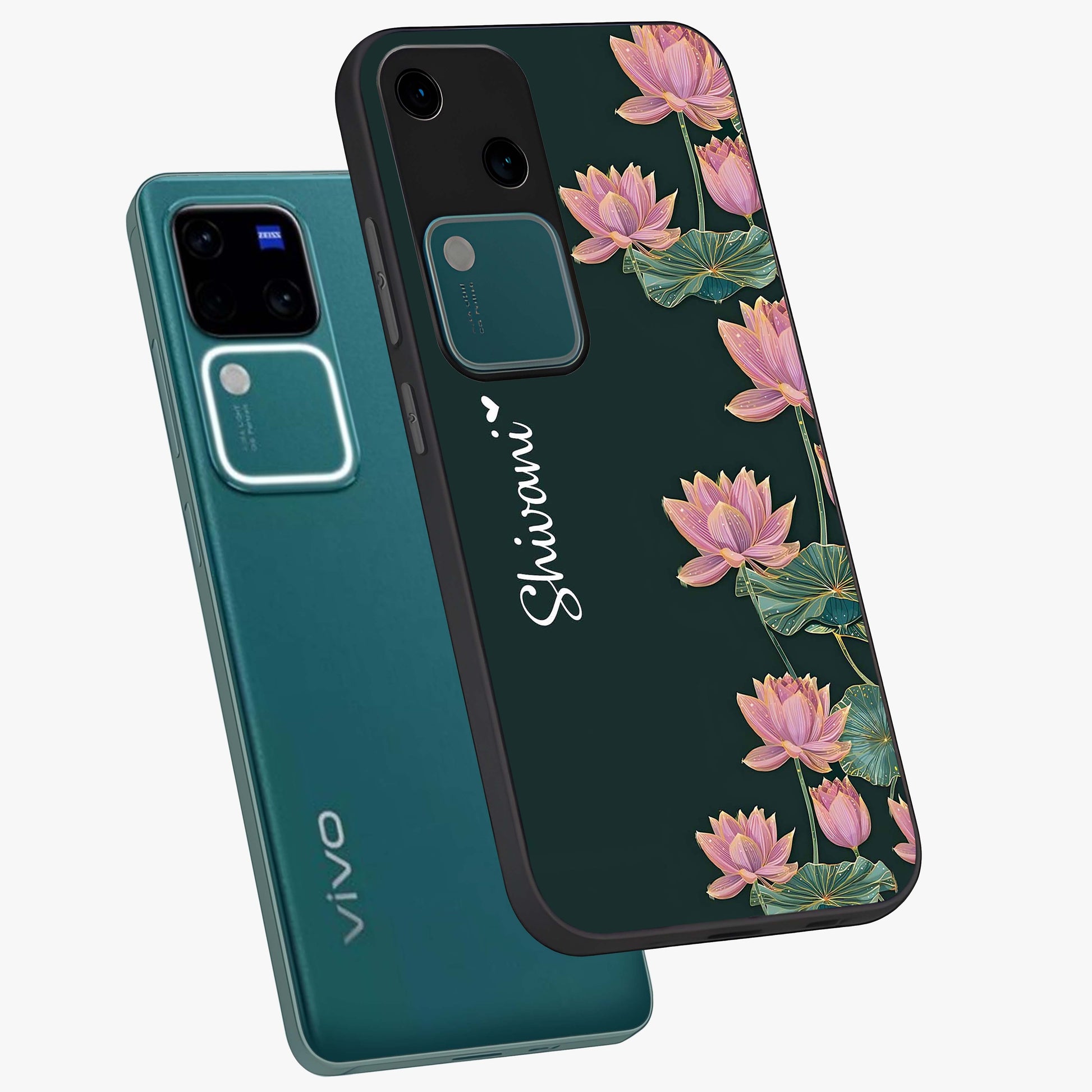 Lotus Bloom Serenity Custom Name Glass Case displayed in angled mockup highlighting graceful lotus illustration with custom name feature.