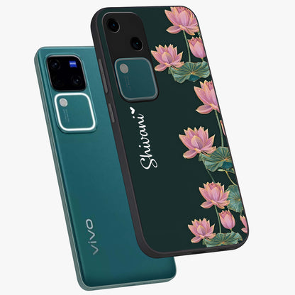 Lotus Bloom Serenity Custom Name Glass Case displayed in angled mockup highlighting graceful lotus illustration with custom name feature.