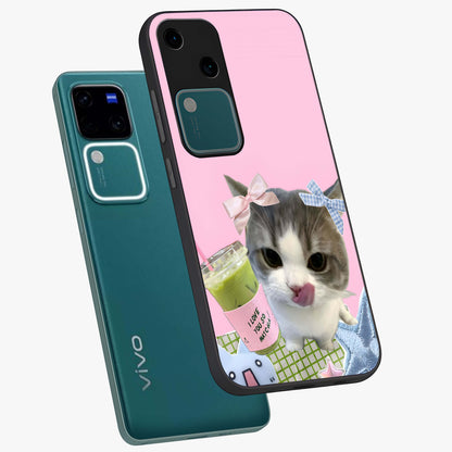 Love Matcha Cat Glass Case displayed in angled mockup highlighting playful feline illustration with cozy matcha aesthetic.