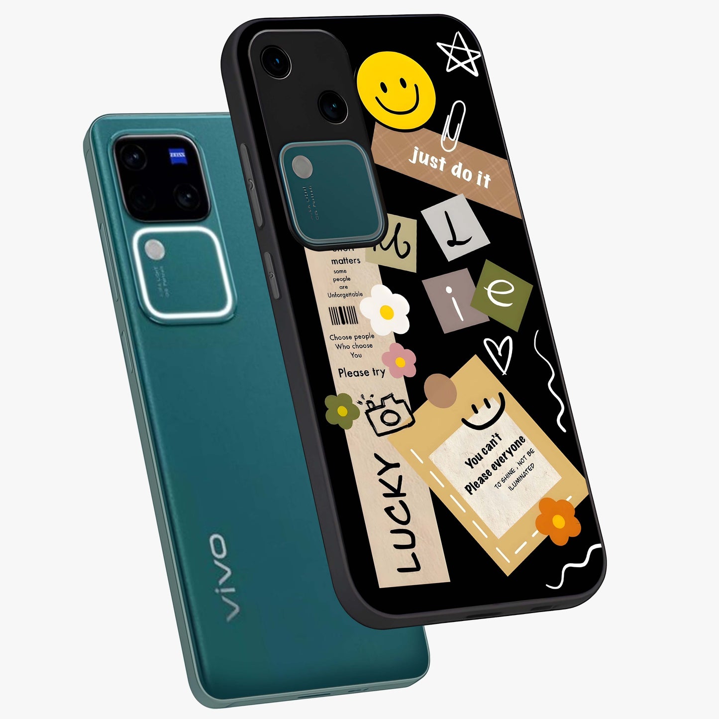 Lucky Aesthetic Collage Glass Case displayed in angled mockup highlighting stylish collage pattern with modern aesthetic vibe.