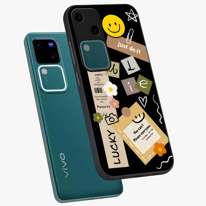 Lucky Aesthetic Collage Glass Case displayed in angled mockup highlighting stylish collage pattern with modern aesthetic vibe.