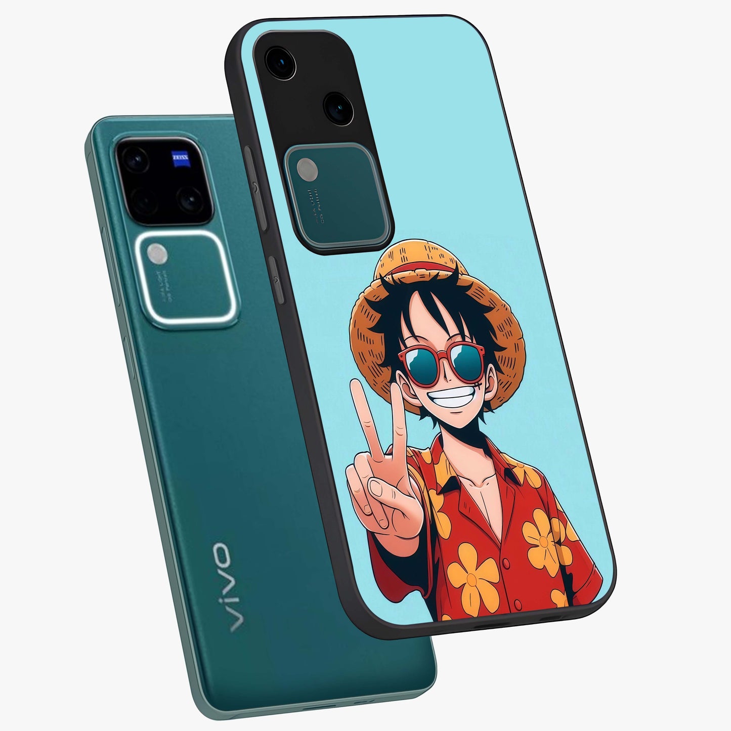 Luffy Summer Anime Vibe Glass Case displayed in angled mockup highlighting energetic anime illustration with summer vibe aesthetic.