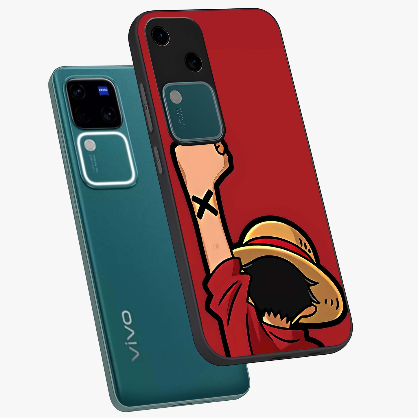 Luffy X Spirit Glass Case displayed in angled mockup highlighting powerful anime design with energetic action aesthetic.