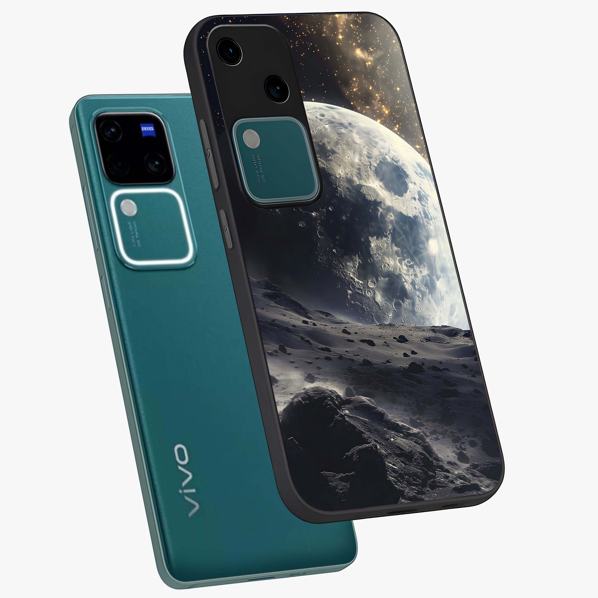 Lunar Horizon Glow Glass Case displayed in angled mockup highlighting celestial moon design with dreamy night aesthetic.