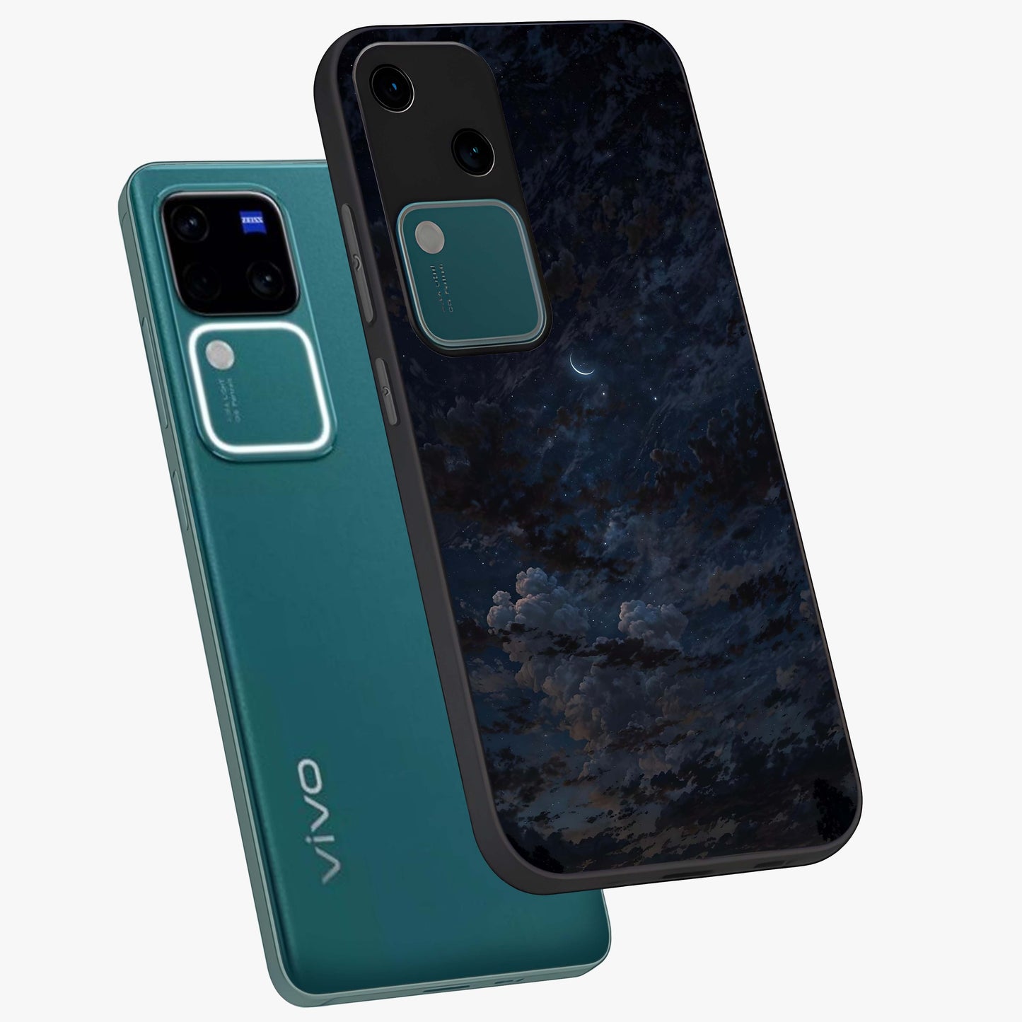 Lunar Veil Silence Glass Case displayed in angled mockup highlighting soft lunar design with peaceful celestial aesthetic.