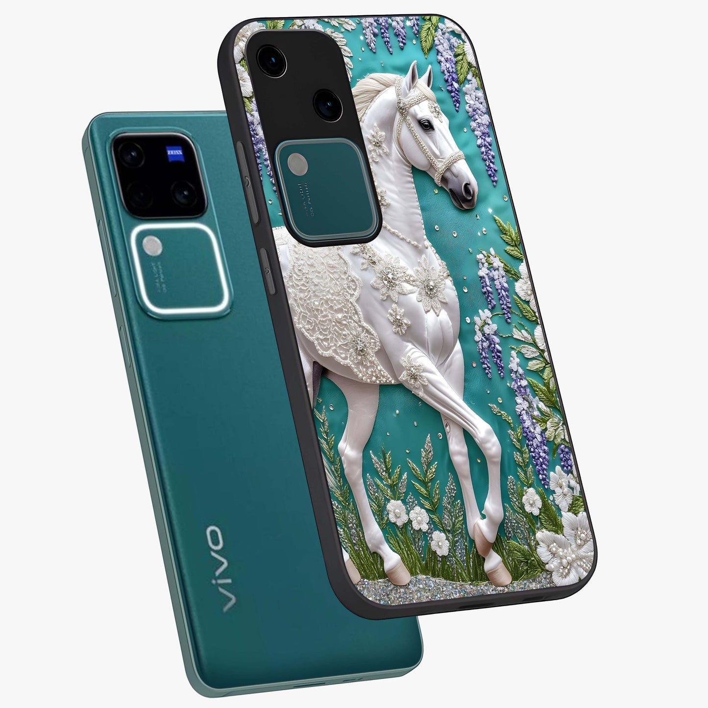 Majestic Floral Stallion Glass Case displayed in angled mockup highlighting majestic stallion illustration with elegant floral aesthetic.