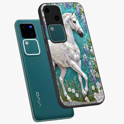 Majestic Floral Stallion Glass Case displayed in angled mockup highlighting majestic stallion illustration with elegant floral aesthetic.