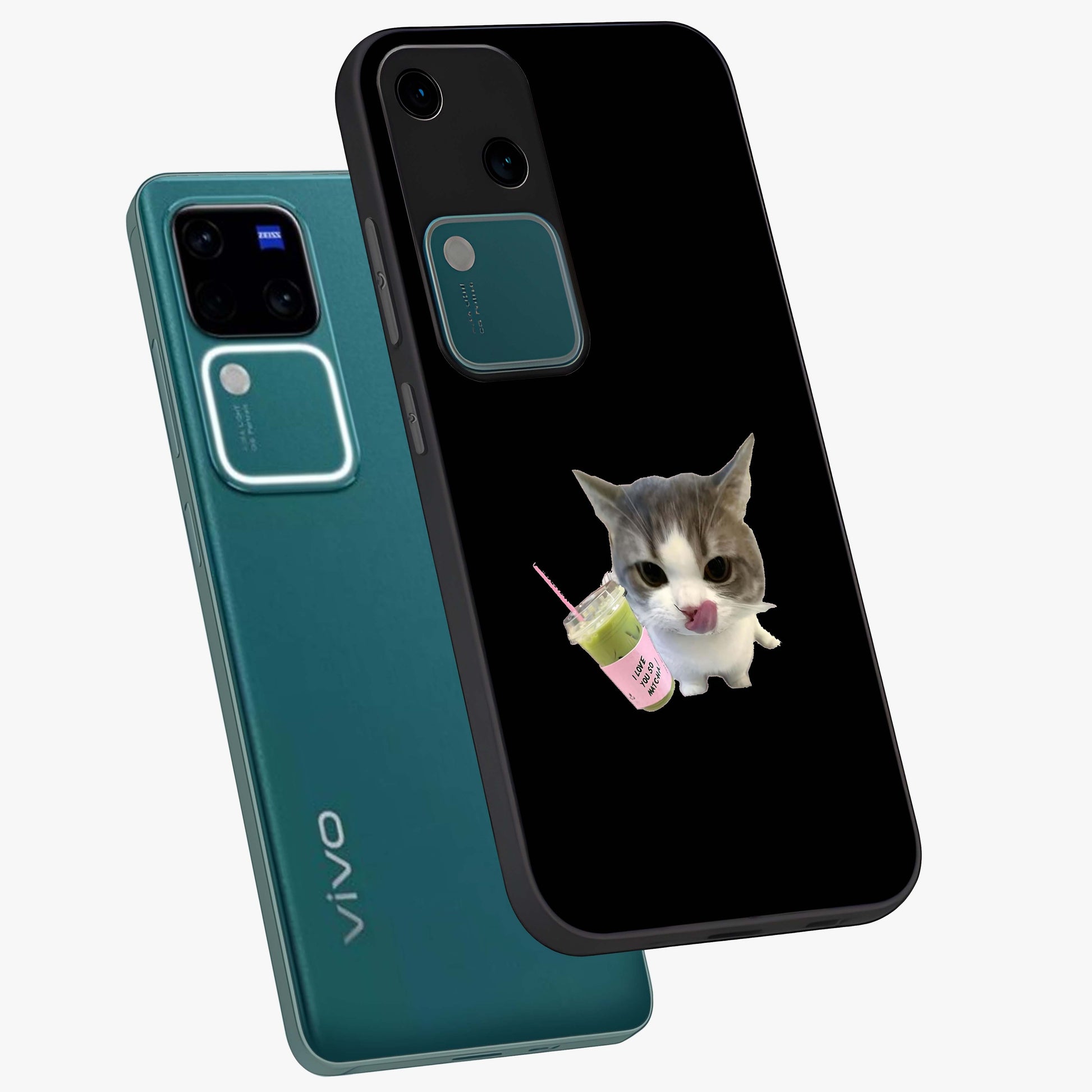 Matcha Cat Style Glass Case displayed in angled mockup highlighting playful feline design with pastel matcha aesthetic.
