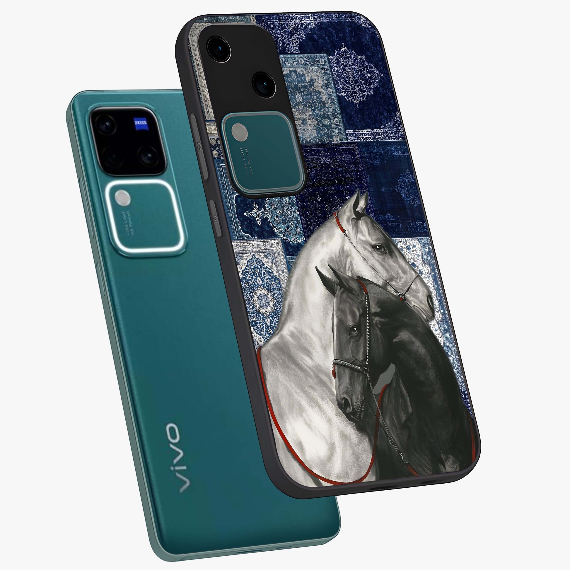 Midnight Stallion Blues Glass Case displayed in angled mockup highlighting powerful stallion illustration with deep midnight tones.