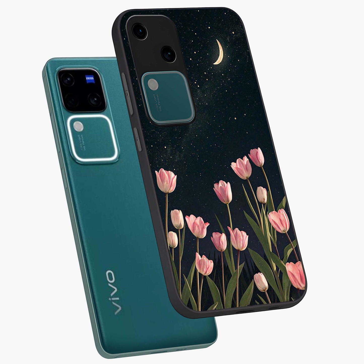 Midnight Tulip Whispers Vibe Glass Case displayed in angled mockup highlighting delicate tulip design with midnight floral aesthetic.