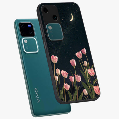 Midnight Tulip Whispers Vibe Glass Case displayed in angled mockup highlighting delicate tulip design with midnight floral aesthetic.
