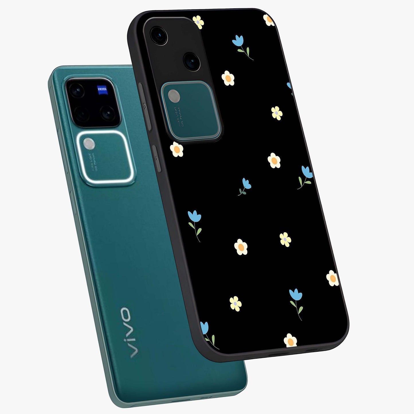 Minimal Petal Whispers Glass Case displayed in angled mockup highlighting delicate petal design with clean minimal aesthetic.