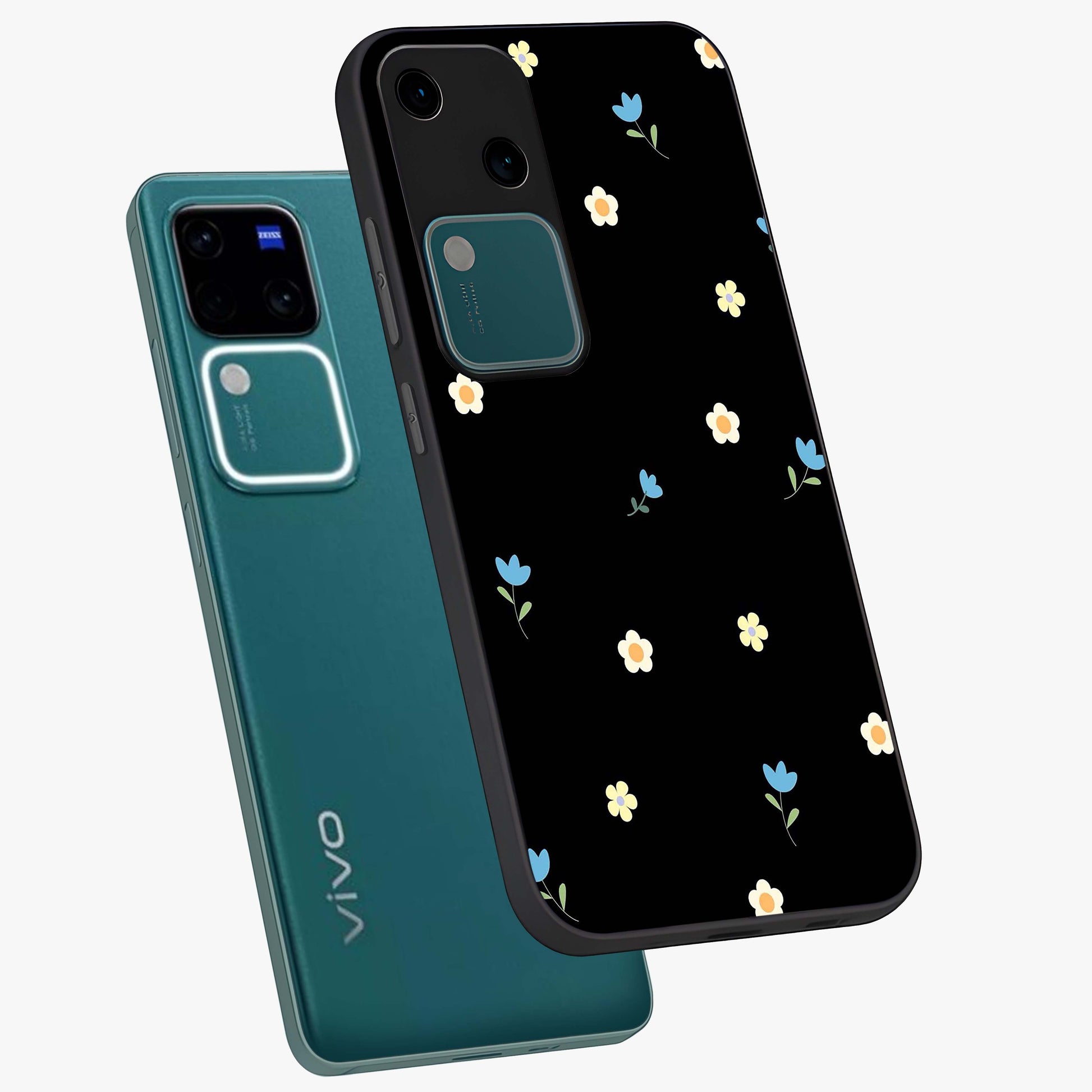 Minimal Petal Whispers Glass Case displayed in angled mockup highlighting delicate petal design with clean minimal aesthetic.