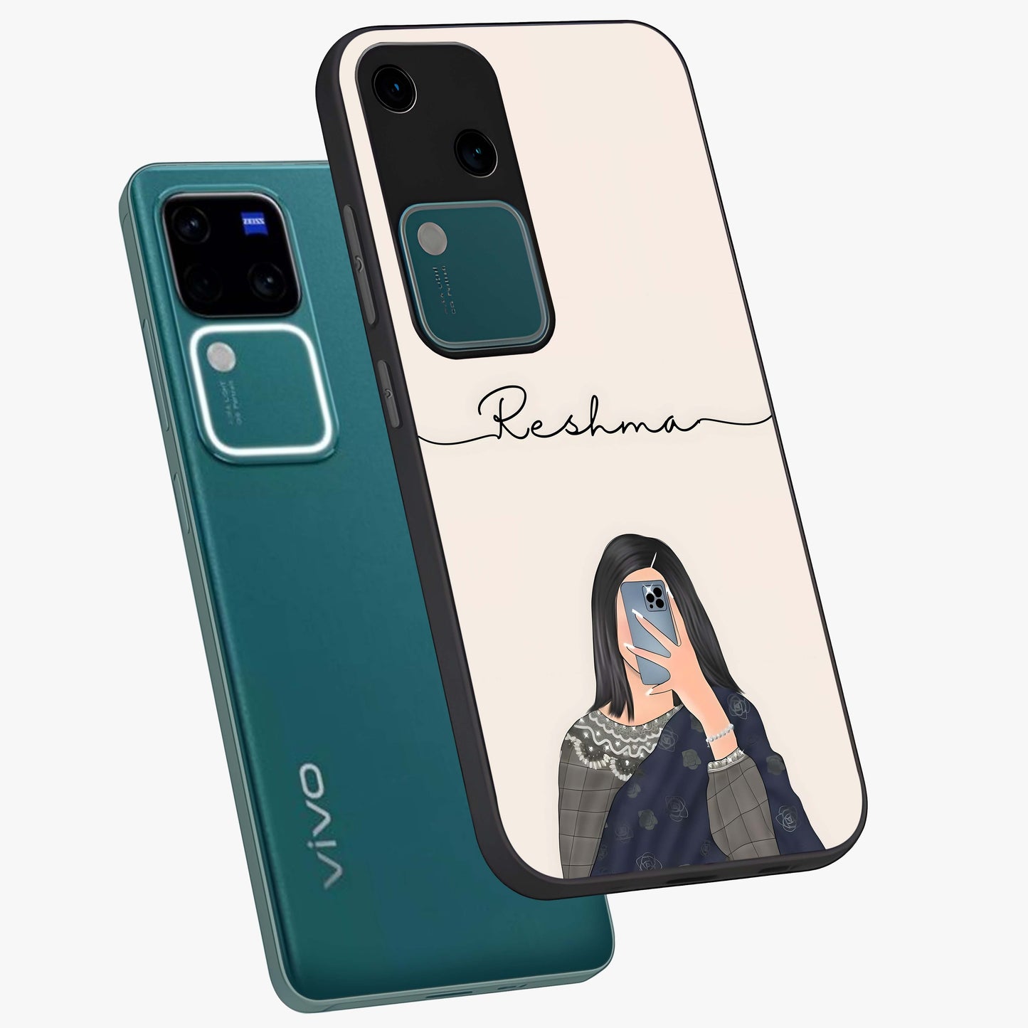 Mirror Mood Muse With Custom Name Glass Case displayed in angled mockup highlighting aesthetic mirror inspired design with custom name feature.