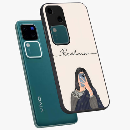 Mirror Mood Muse With Custom Name Glass Case displayed in angled mockup highlighting aesthetic mirror inspired design with custom name feature.