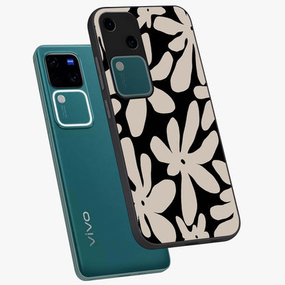 Monochrome Petal Dance Glass Case displayed in angled mockup highlighting elegant petal design with black and white aesthetic.