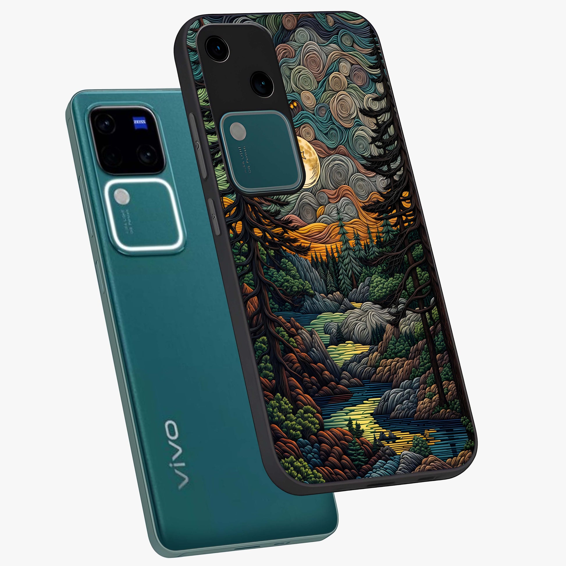 Moonlight Forest Dream Glass Case displayed in angled mockup highlighting dreamy forest design with glowing moon aesthetic.