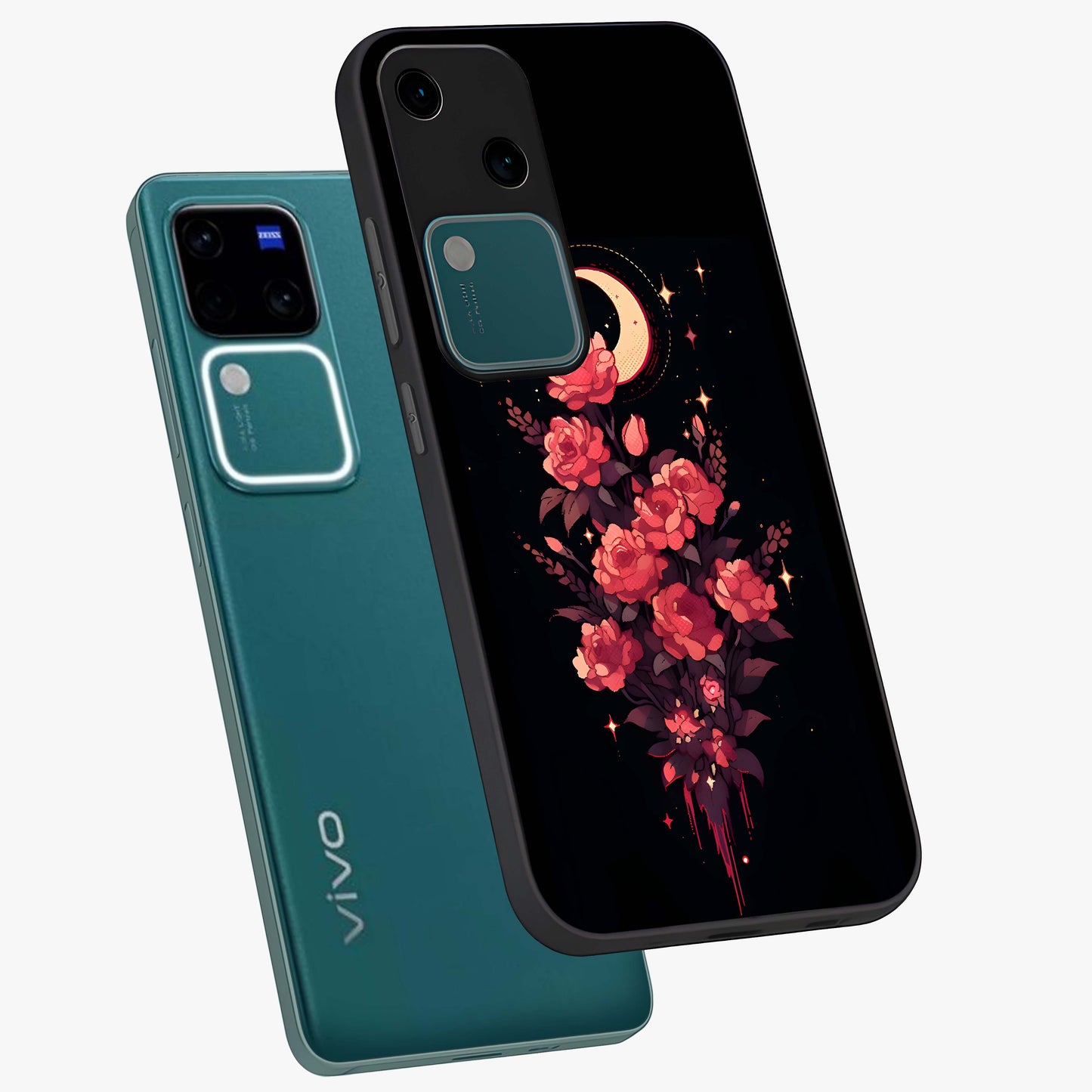 Moonlit Floral Elegance Glass Case displayed in angled mockup highlighting graceful flower design with soft moonlight aesthetic.