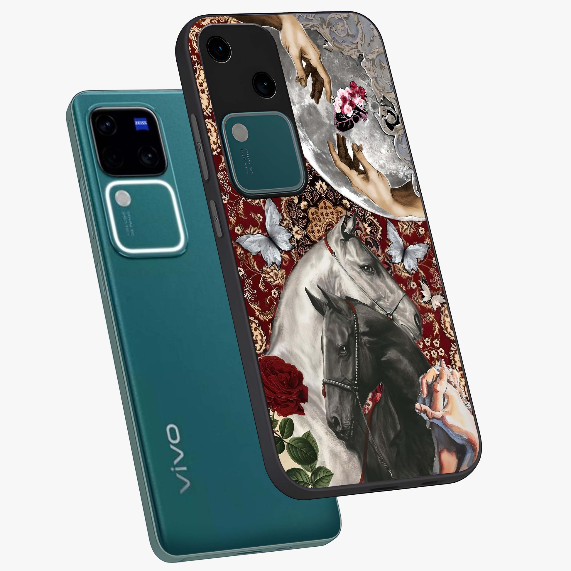 Moonlit Royal Stallion Glass Case displayed in angled mockup highlighting powerful stallion illustration with royal night aesthetic.